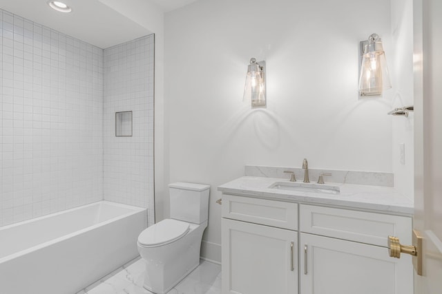 609 Bowling Ave, Nashville, TN 37215 - bathroom featuring toilet, marble finish floors, vanity, washtub / shower combination, and recessed lighting