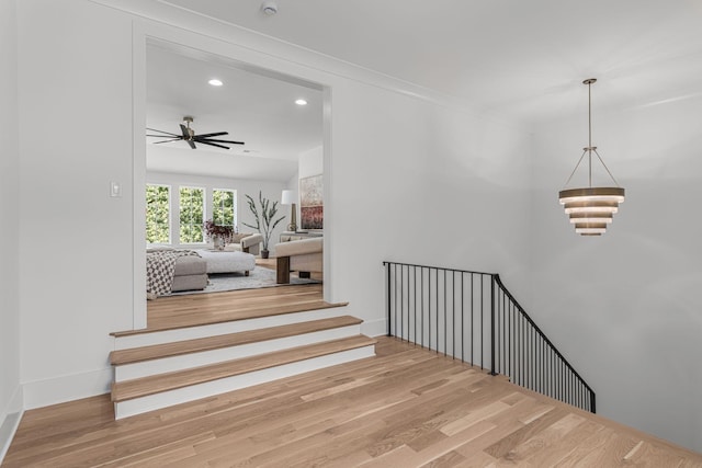 609 Bowling Ave, Nashville, TN 37215 - stairs with wood finished floors, a ceiling fan, and recessed lighting