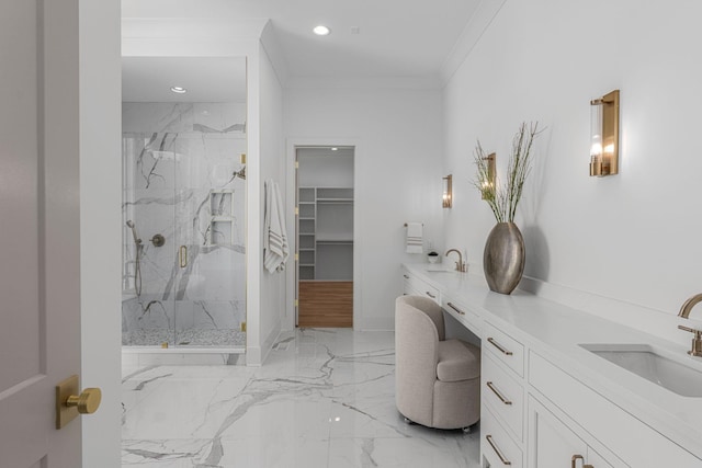 609 Bowling Ave, Nashville, TN 37215 - full bath with marble tiled flooring, a marble finish shower, ornamental molding, vanity, and recessed lighting