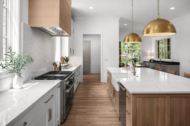 609 Bowling Ave, Nashville, TN 37215 - kitchen featuring stainless steel appliances, premium range hood, light wood-style floors, a sink, and an island with sink