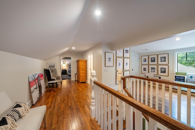 1702 Stokes Ln, Nashville, TN 37215 - corridor with an upstairs landing, wood finished floors, vaulted ceiling, and recessed lighting