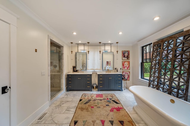 1702 Stokes Ln, Nashville, TN 37215 - full bathroom featuring vanity, a stall shower, a freestanding bath, ornamental molding, and recessed lighting