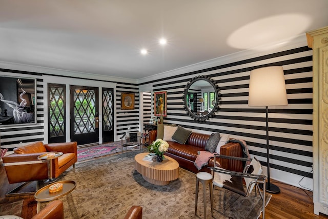 1702 Stokes Ln, Nashville, TN 37215 - living room with ornamental molding, wood finished floors, and wallpapered walls