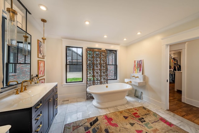 1702 Stokes Ln, Nashville, TN 37215 - full bath with vanity, a freestanding tub, a spacious closet, recessed lighting, and marble finish floors