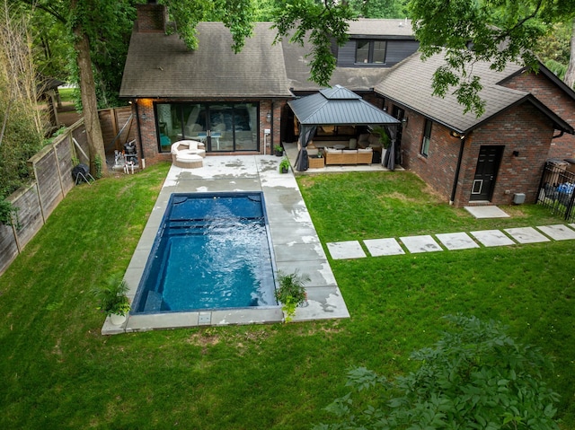 1702 Stokes Ln, Nashville, TN 37215 - rear view of house featuring an outdoor living space, a gazebo, brick siding, a fenced backyard, and a chimney