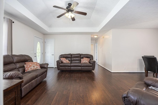 1077 Kathryn Rd, Mount Juliet, TN 37122 - living area with a raised ceiling, a ceiling fan, dark wood finished floors, and baseboards