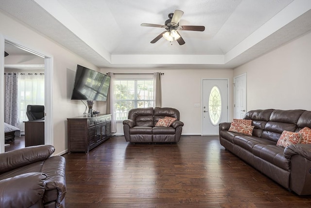 1077 Kathryn Rd, Mount Juliet, TN 37122 - living room with a tray ceiling, a ceiling fan, dark wood-style flooring, and baseboards
