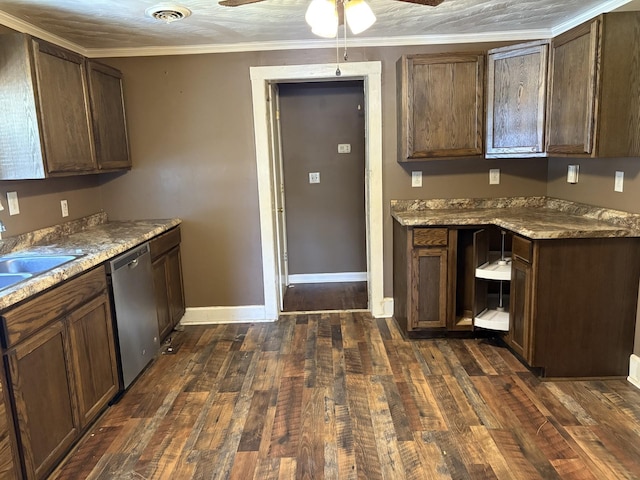 117 Rob Rd, Clarksville, TN 37040 - kitchen featuring dishwasher, dark wood-style flooring, a ceiling fan, baseboards, and a sink