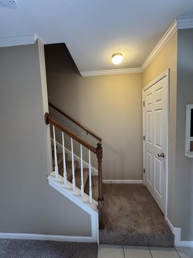 1101 Downs Blvd Unit 312, Franklin, TN 37064 - stairs with carpet flooring, crown molding, baseboards, and tile patterned floors