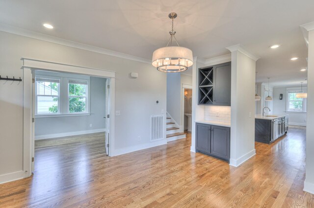 3104 Southlake Dr, Nashville, TN 37211 - unfurnished dining area with a sink, stairway, recessed lighting, baseboards, and light wood-style flooring