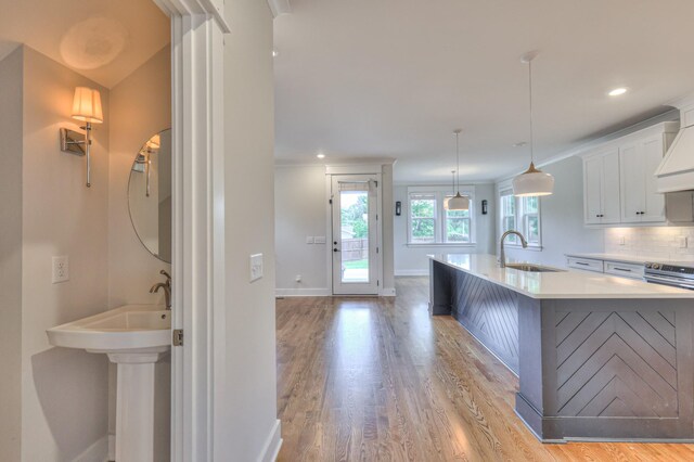 3104 Southlake Dr, Nashville, TN 37211 - kitchen featuring a sink, light wood finished floors, light countertops, baseboards, and white cabinetry
