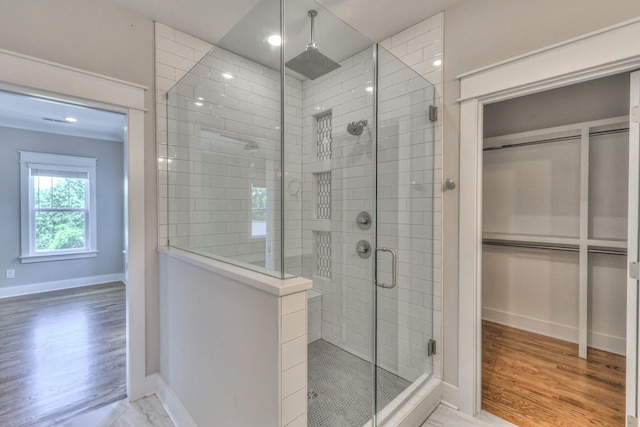 3104 Southlake Dr, Nashville, TN 37211 - full bathroom featuring a shower stall, baseboards, wood finished floors, and recessed lighting