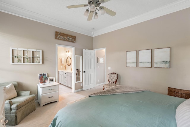 503 Hollyhock Way, Franklin, TN 37064 - bedroom featuring crown molding, light carpet, baseboards, ceiling fan, and connected bathroom