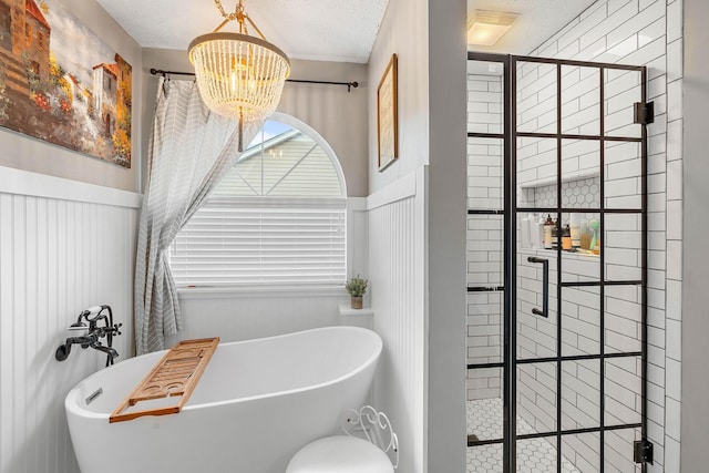 503 Hollyhock Way, Franklin, TN 37064 - bathroom with a shower stall, a chandelier, wainscoting, a freestanding bath, and a textured ceiling