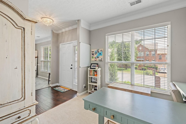 503 Hollyhock Way, Franklin, TN 37064 - entryway with ornamental molding, healthy amount of natural light, a textured ceiling, dark carpet, and baseboards