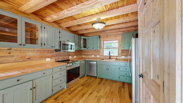 256 Vista Vue Trl, Pelham, TN 37366 - kitchen with appliances with stainless steel finishes, a sink, light wood-style floors, wooden ceiling with exposed beams, and light countertops