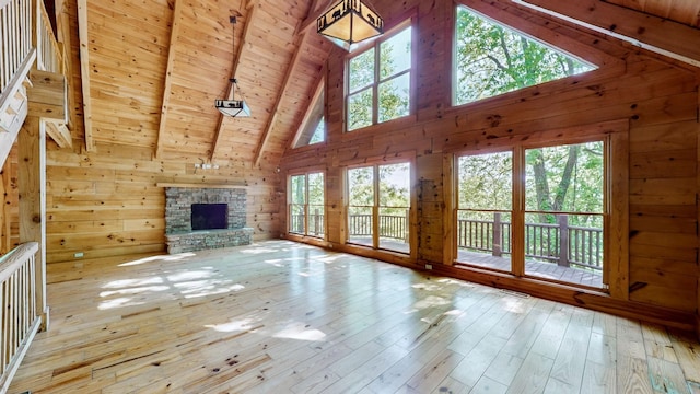 356 Vista Vue Trl, Pelham, TN 37366 - unfurnished living room with high vaulted ceiling, wood walls, wooden ceiling with exposed beams, hardwood / wood-style flooring, and a fireplace