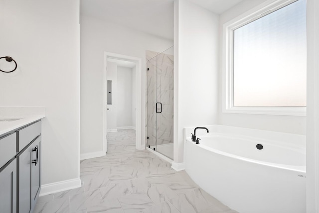 1831 Ableson Way, Columbia, TN 38401 - bathroom featuring marble look tiles, a bath, a marble finish shower, vanity, and electric panel
