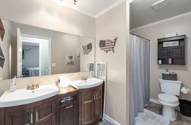 235 Pinecrest Dr, Henderson, TN 38340 - full bathroom with double vanity, crown molding, toilet, a shower with curtain, and baseboards