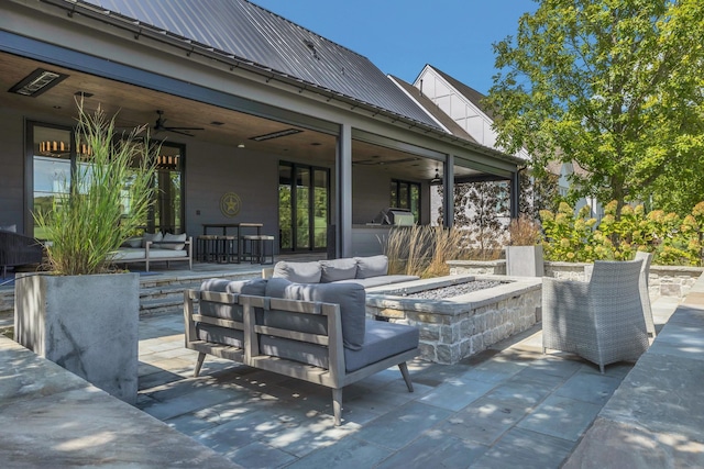 7313 Harlow Dr, College Grove, TN 37046 - view of patio featuring ceiling fan and an outdoor living space with a fire pit