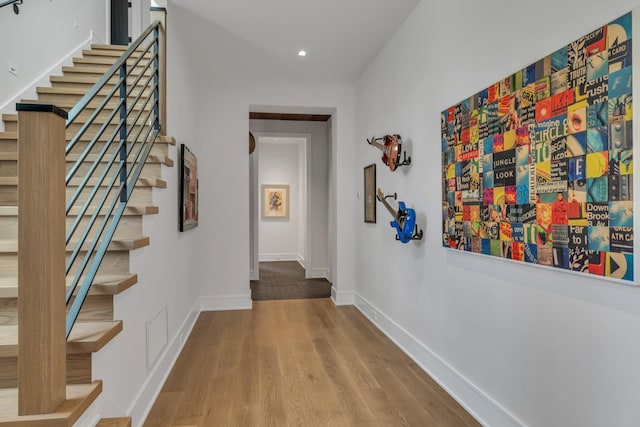 7313 Harlow Dr, College Grove, TN 37046 - corridor featuring stairs, wood finished floors, recessed lighting, and baseboards