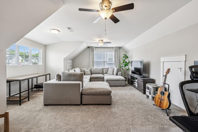 6404 Mottled Duck Dr, Murfreesboro, TN 37128 - carpeted living area featuring a ceiling fan, healthy amount of natural light, and lofted ceiling