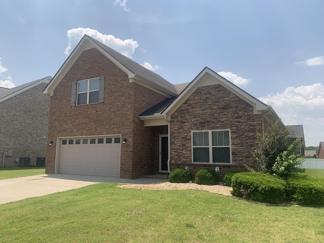 5115 Heroes Ln, Murfreesboro, TN 37129 - view of front of house with an attached garage, a front lawn, driveway, central air condition unit, and stone siding