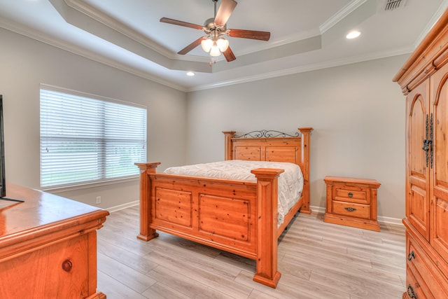 5115 Heroes Ln, Murfreesboro, TN 37129 - bedroom with a raised ceiling, recessed lighting, baseboards, light wood-style flooring, and ornamental molding