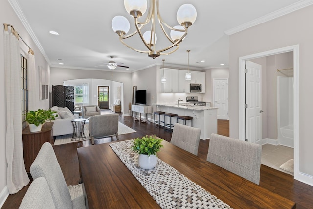 6061 Starboard Ln, Franklin, TN 37064 - dining room featuring a ceiling fan, recessed lighting, a chandelier, baseboards, and dark wood finished floors