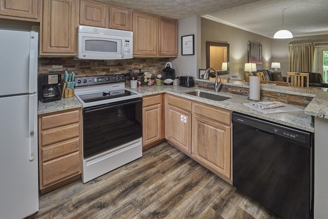 818 Golf View Blvd Unit 1303, Pigeon Forge, TN 37863 - kitchen featuring white appliances, a sink, tasteful backsplash, dark wood-type flooring, and ornamental molding