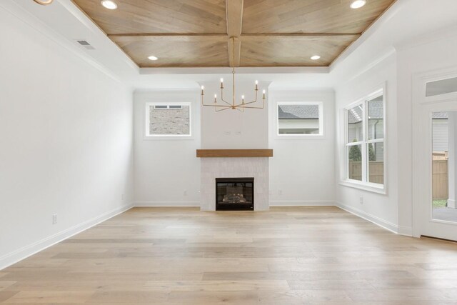 3150 Long Branch Cir, Franklin, TN 37064 - unfurnished living room featuring wooden ceiling, plenty of natural light, light wood-style flooring, recessed lighting, and a chandelier