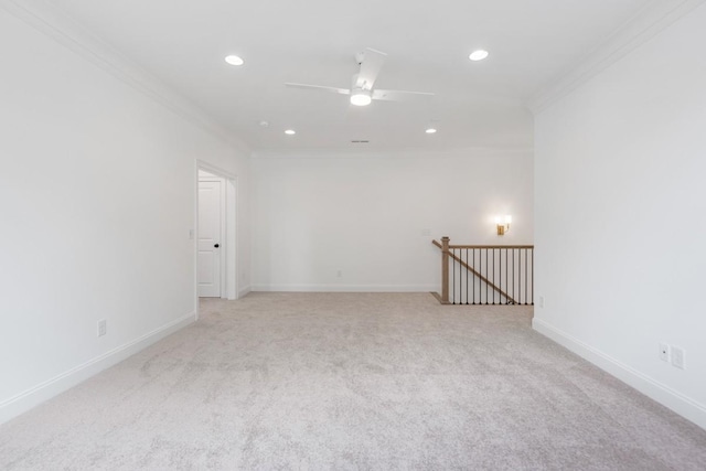 3150 Long Branch Cir, Franklin, TN 37064 - empty room featuring crown molding, light carpet, recessed lighting, ceiling fan, and baseboards