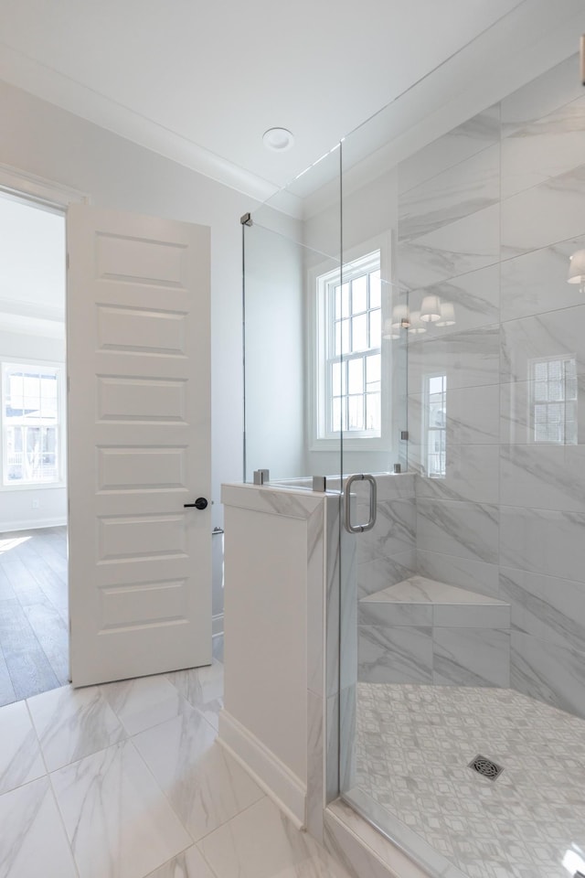 3168 Long Branch Cir, Franklin, TN 37064 - bathroom featuring healthy amount of natural light, a shower stall, baseboards, and marble finish flooring