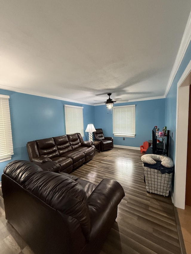 1704 Deer Hollow Dr W, Lawrenceburg, TN 38464 - living room featuring ceiling fan, ornamental molding, and wood finished floors