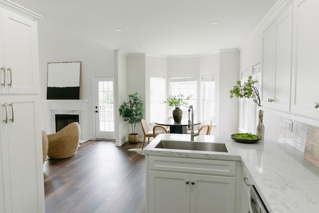 307 Fletcher Ct, Franklin, TN 37067 - kitchen with a sink, a peninsula, white cabinetry, recessed lighting, and crown molding