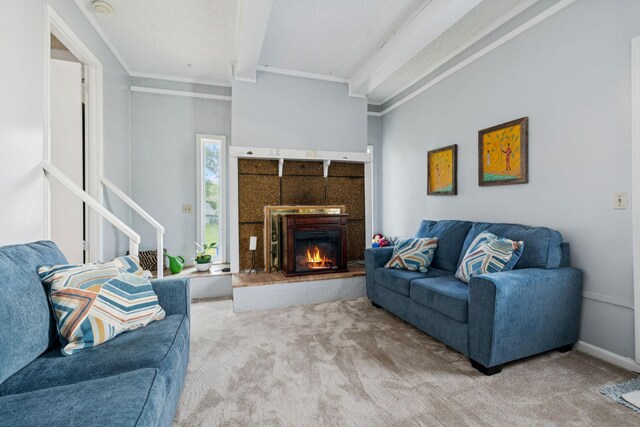 4904 Rainier Dr, Old Hickory, TN 37138 - carpeted living area with beam ceiling, a fireplace, and ornamental molding