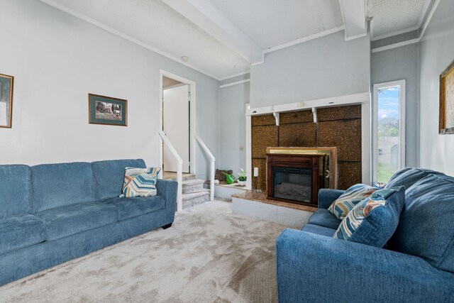 4904 Rainier Dr, Old Hickory, TN 37138 - carpeted living room featuring crown molding and a tile fireplace