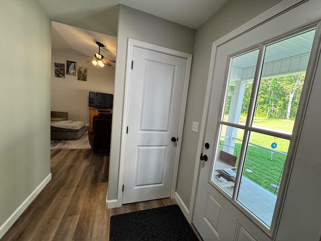 111 Stellar Ct, Clarkrange, TN 38553 - entryway with dark wood finished floors, healthy amount of natural light, baseboards, and a ceiling fan