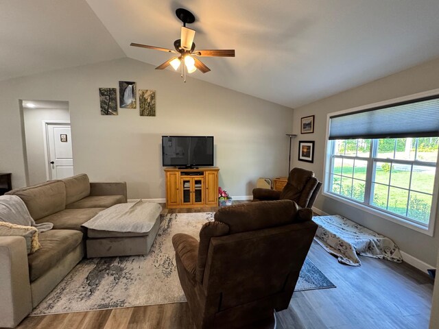 111 Stellar Ct, Clarkrange, TN 38553 - living room with wood finished floors, lofted ceiling, a ceiling fan, and baseboards