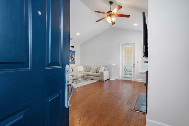 309 Seven Springs Way Unit 404, Brentwood, TN 37027 - entrance foyer with a ceiling fan, vaulted ceiling, dark wood-type flooring, baseboards, and recessed lighting