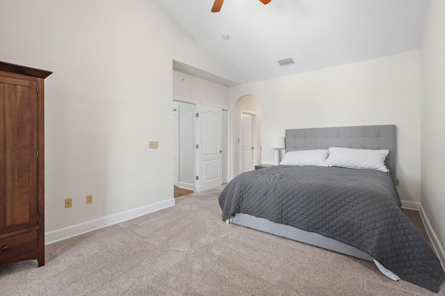 309 Seven Springs Way Unit 404, Brentwood, TN 37027 - bedroom with arched walkways, carpet floors, baseboards, high vaulted ceiling, and ceiling fan