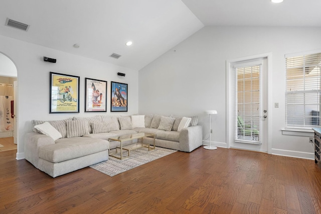 309 Seven Springs Way Unit 404, Brentwood, TN 37027 - living area with arched walkways, vaulted ceiling, wood finished floors, baseboards, and recessed lighting