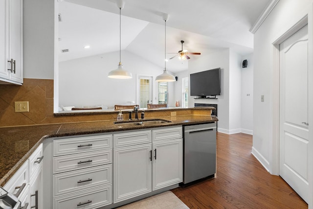 309 Seven Springs Way Unit 404, Brentwood, TN 37027 - kitchen with a sink, stainless steel dishwasher, ceiling fan, a peninsula, and dark wood-style flooring
