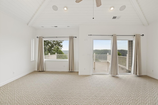 1853 Lafever Ridge Rd, Silver Point, TN 38582 - empty room featuring light colored carpet, baseboards, wood ceiling, and ceiling fan