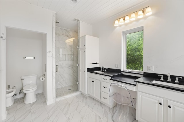 1853 Lafever Ridge Rd, Silver Point, TN 38582 - full bathroom featuring vanity, a bidet, marble finish floors, a stall shower, and toilet