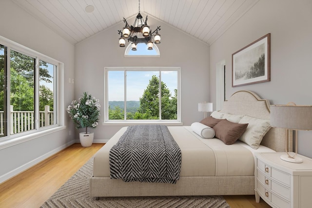1853 Lafever Ridge Rd, Silver Point, TN 38582 - bedroom featuring a chandelier, light wood-style flooring, vaulted ceiling, baseboards, and wood ceiling