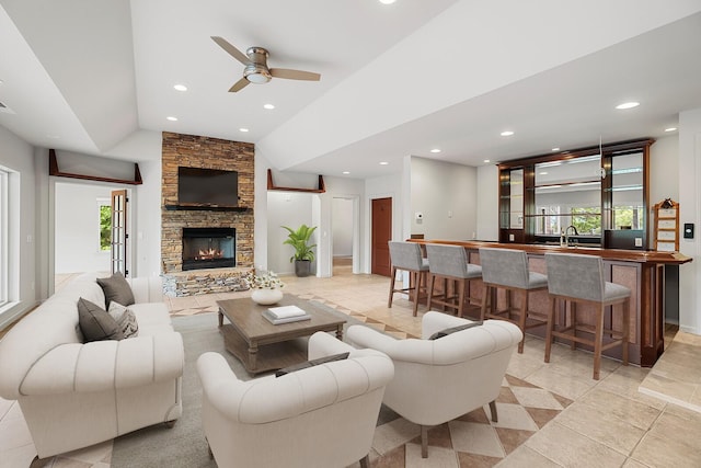 1853 Lafever Ridge Rd, Silver Point, TN 38582 - living area with healthy amount of natural light, lofted ceiling, ceiling fan, a fireplace, and recessed lighting