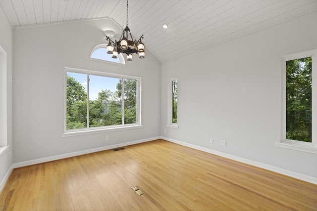 1853 Lafever Ridge Rd, Silver Point, TN 38582 - empty room featuring a chandelier, lofted ceiling, baseboards, light wood-style floors, and wooden ceiling