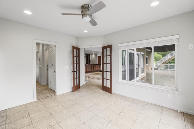 1853 Lafever Ridge Rd, Silver Point, TN 38582 - spare room with french doors, a ceiling fan, recessed lighting, light tile patterned floors, and baseboards