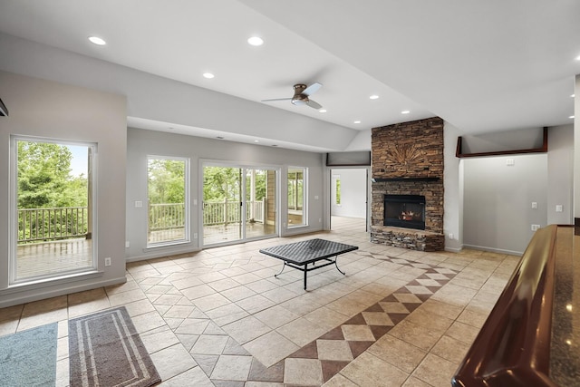1853 Lafever Ridge Rd, Silver Point, TN 38582 - tiled living area featuring recessed lighting, ceiling fan, and a fireplace
